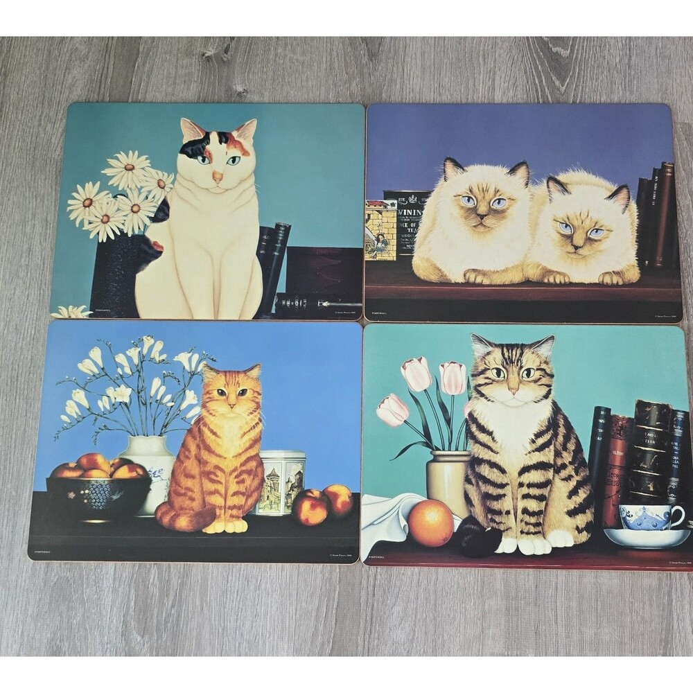 Set of 4 Pimpernel Cork Placemats Cats Cat Susan Powers 1999  England - NO BOX